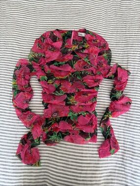 Zara Hot Pink Floral Sheer Ruched Long-Sleeve Top